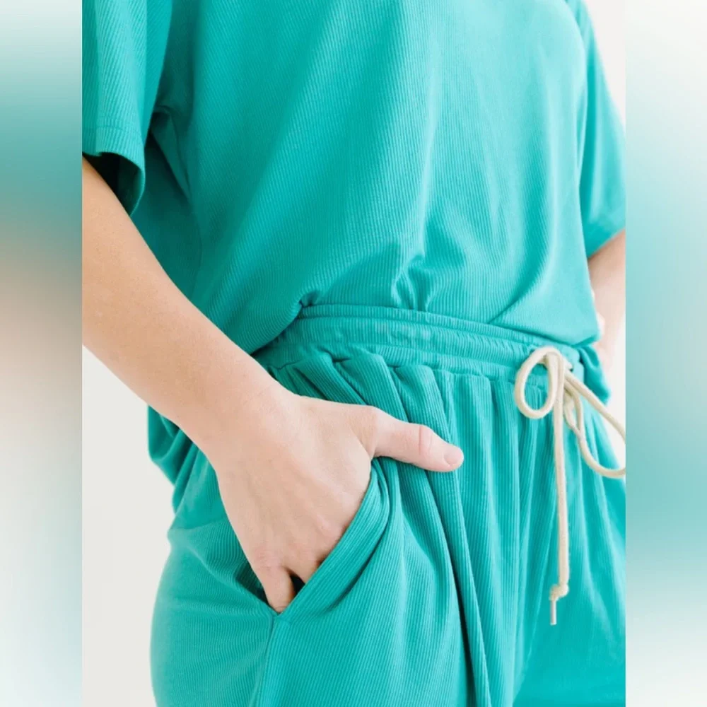 Teal Ribbed Women's Shorts Set - Picture 3 of 6